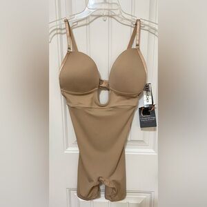 Bebe Womens Nude U-Plunge Mid-Thigh Shaping Bodysuit Medium Control Large New